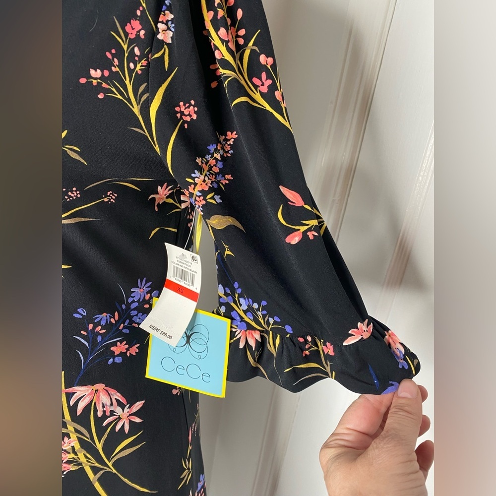 CeCe NWT Black Floral Ruffle Dress - Picture 5 of 9